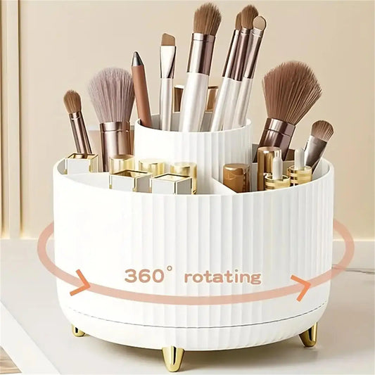 360 °   Organizador de maquillaje giratorio, almacenamiento de cosméticos de plástico de 1 pieza con 5 compartimentos, soporte multifuncional para brochas