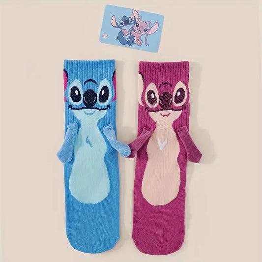 2 pares de calcetines de tubo medio para hombre con punto de dibujos animados novedosos sosteniendo la mano con calcetines de pareja de alto valor personalizados y creativos